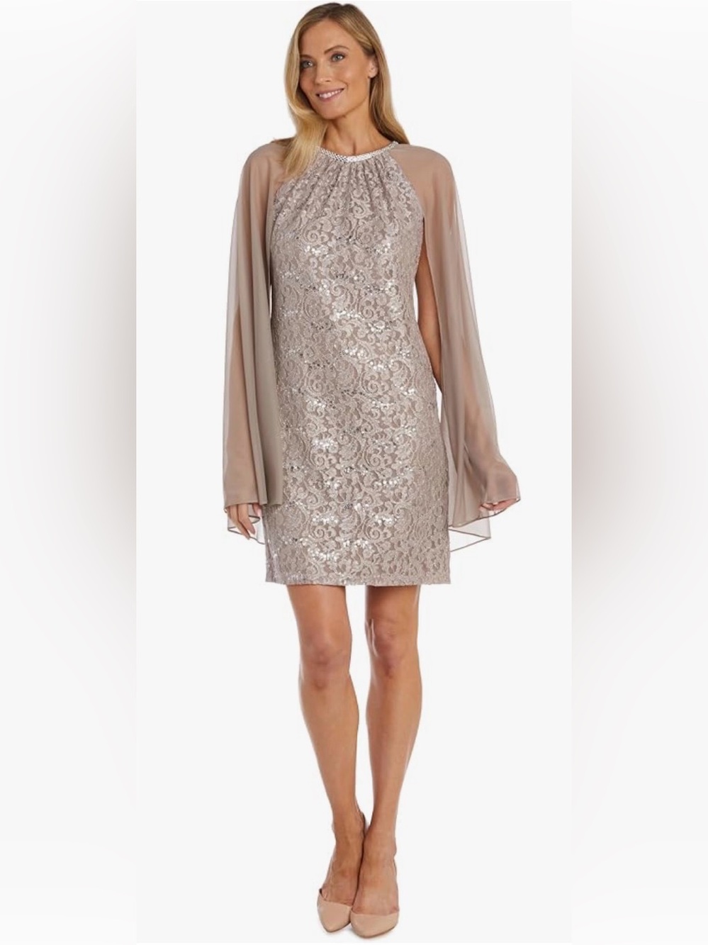 NWT R&M Richards Sequin Lace Cocktail Dress Chiffon Cape & Rhinestone Trim (8P)
